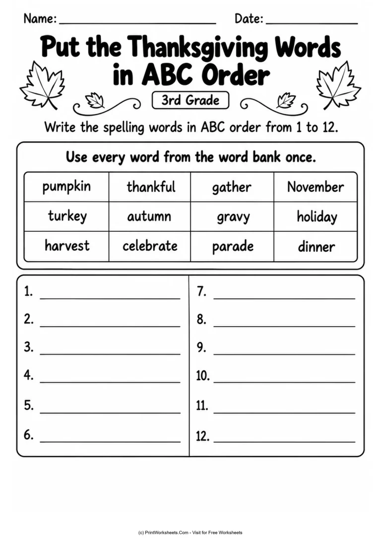 Put the Thanksgiving Words in ABC Order Put the Thanksgiving Words in ABC Order printable worksheet