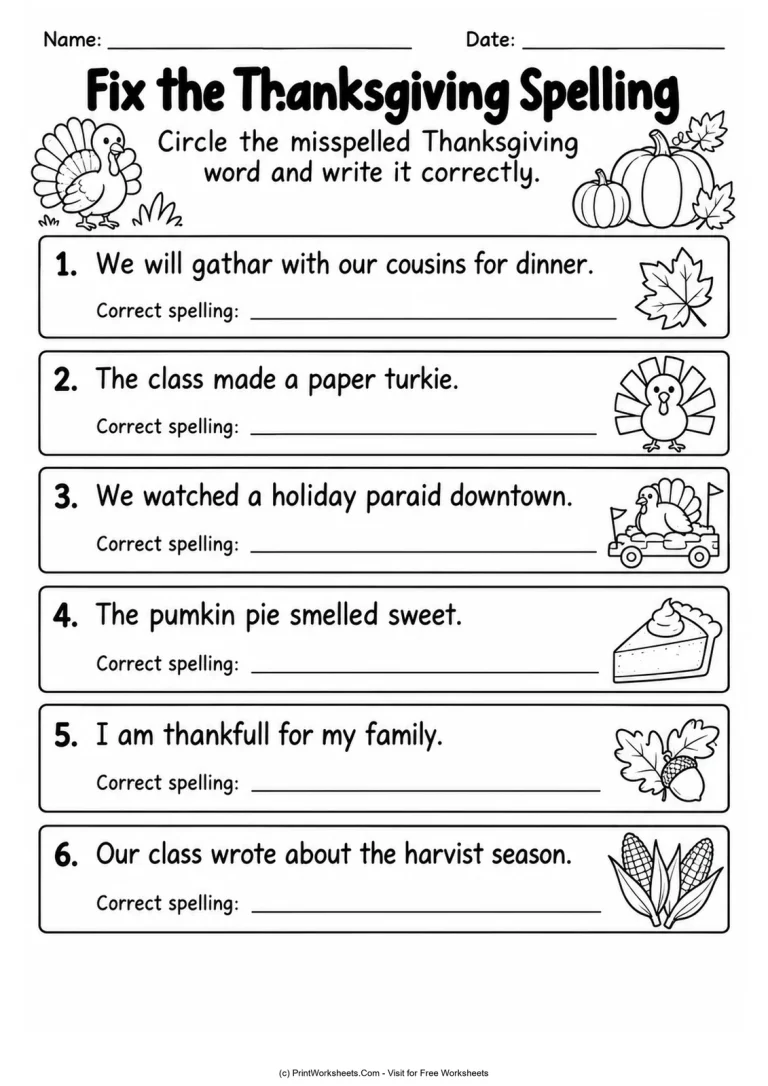 Fix the Thanksgiving Spelling Fix the Thanksgiving Spelling printable worksheet