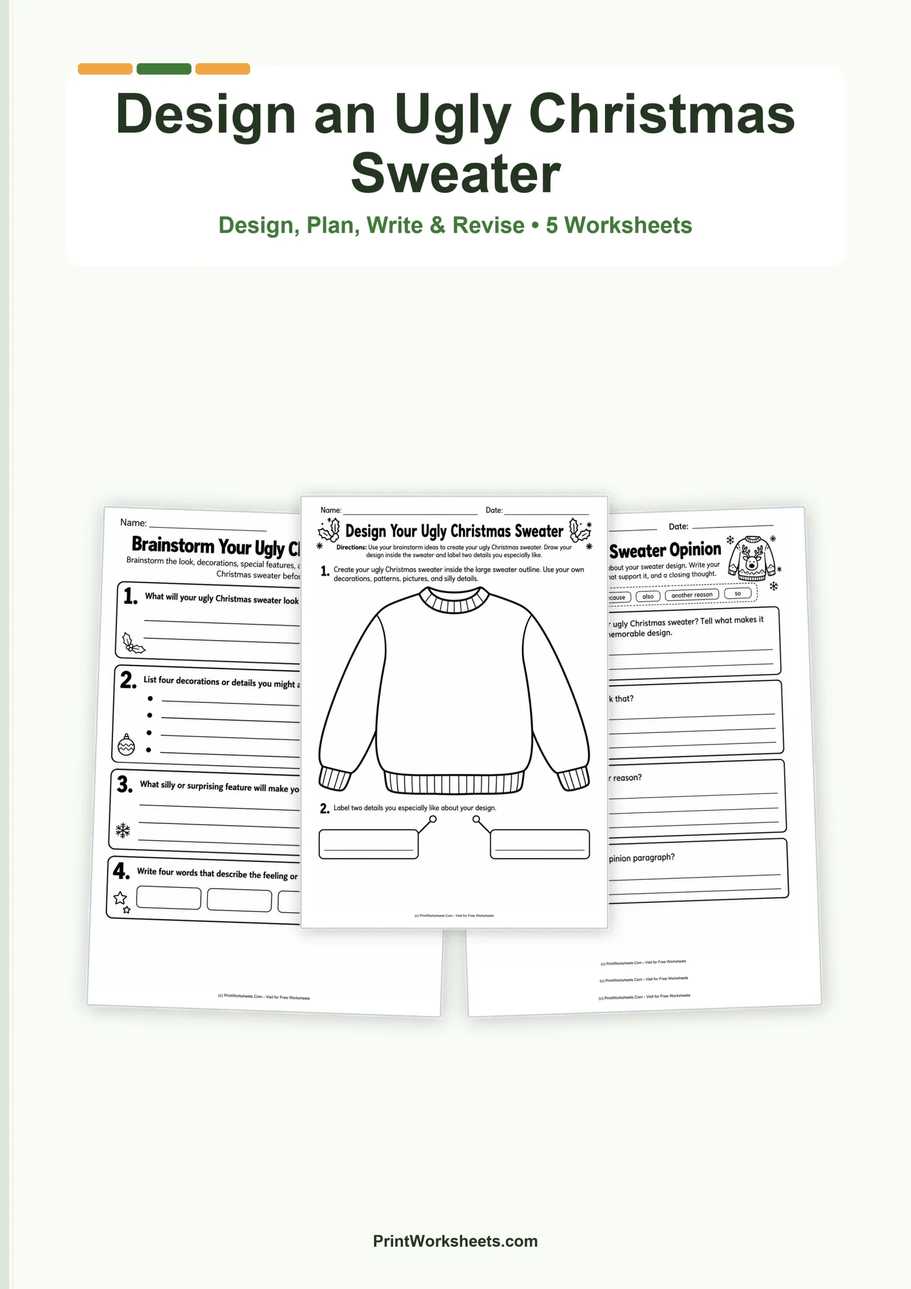 Ugly Christmas Sweater Design and Opinion Writing Worksheets - Free Printable Worksheet