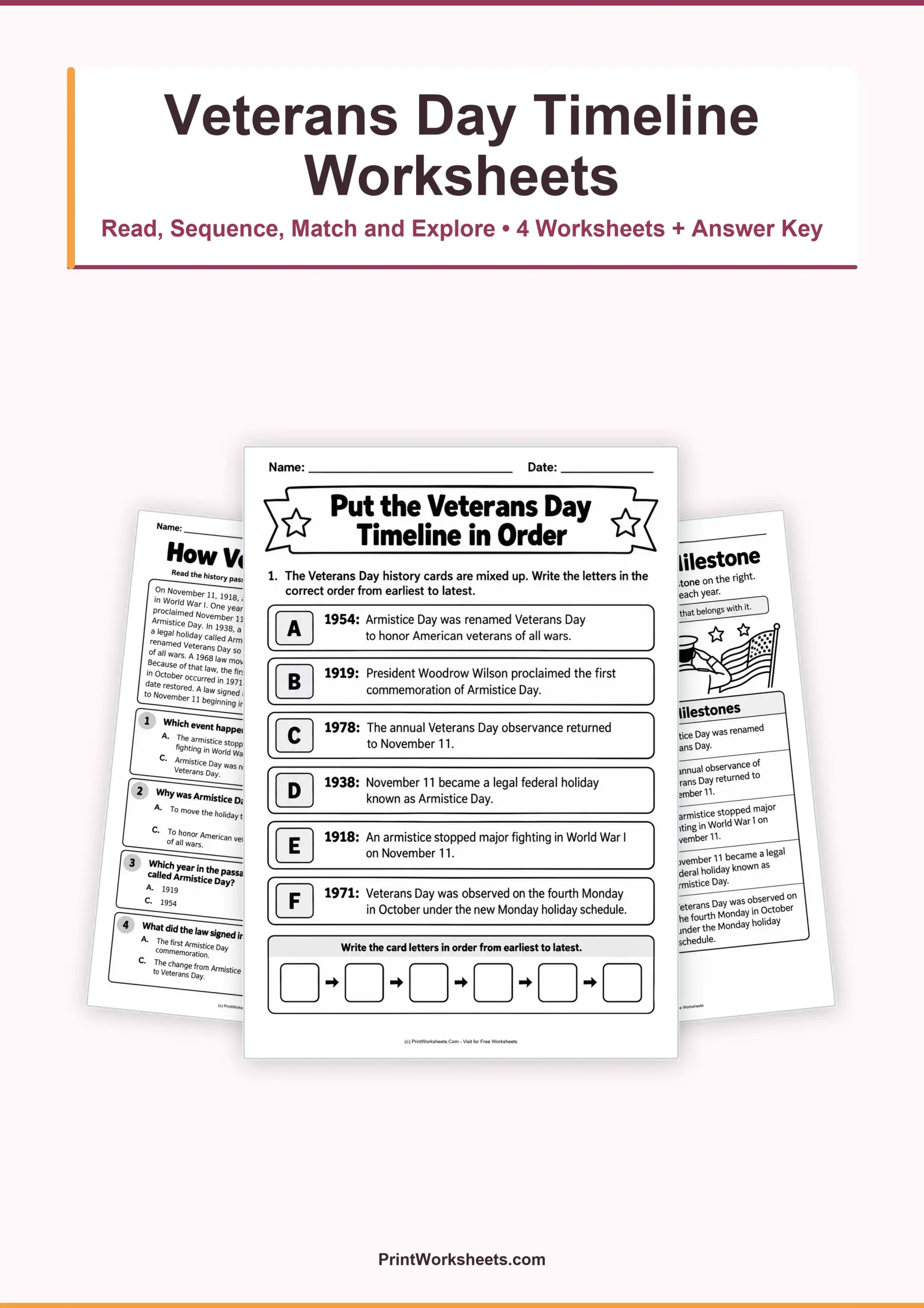 Veterans Day History Timeline Worksheets for Grades 3–5 – Free Printable PDF - Free Printable Worksheet