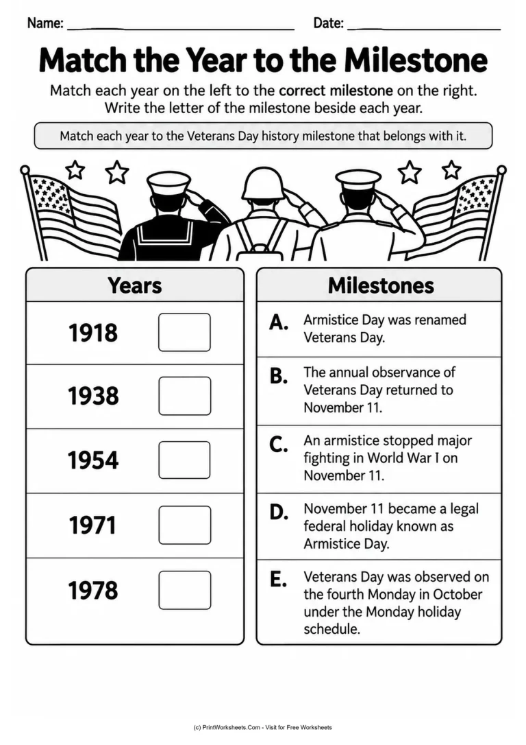 Match the Year to the Milestone Match the Year to the Milestone - Grades 3-5 Veterans Day timeline worksheet
