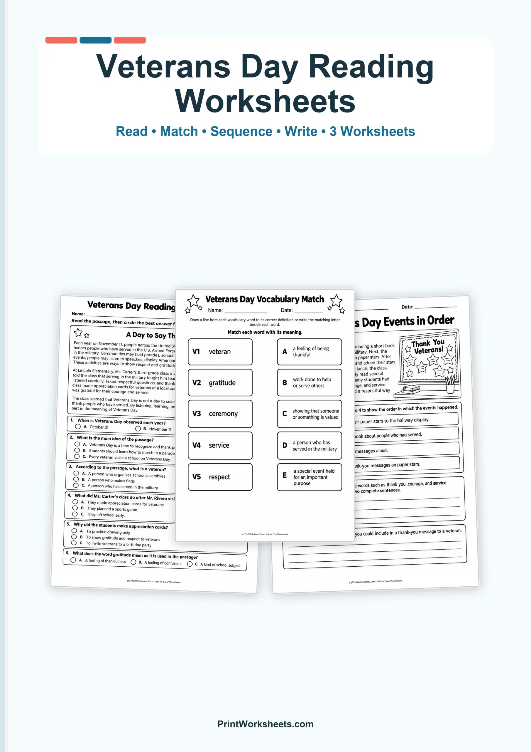 Veterans Day Reading Comprehension Worksheets for Grades 2–3 – Free Printable PDF - Free Printable Worksheet