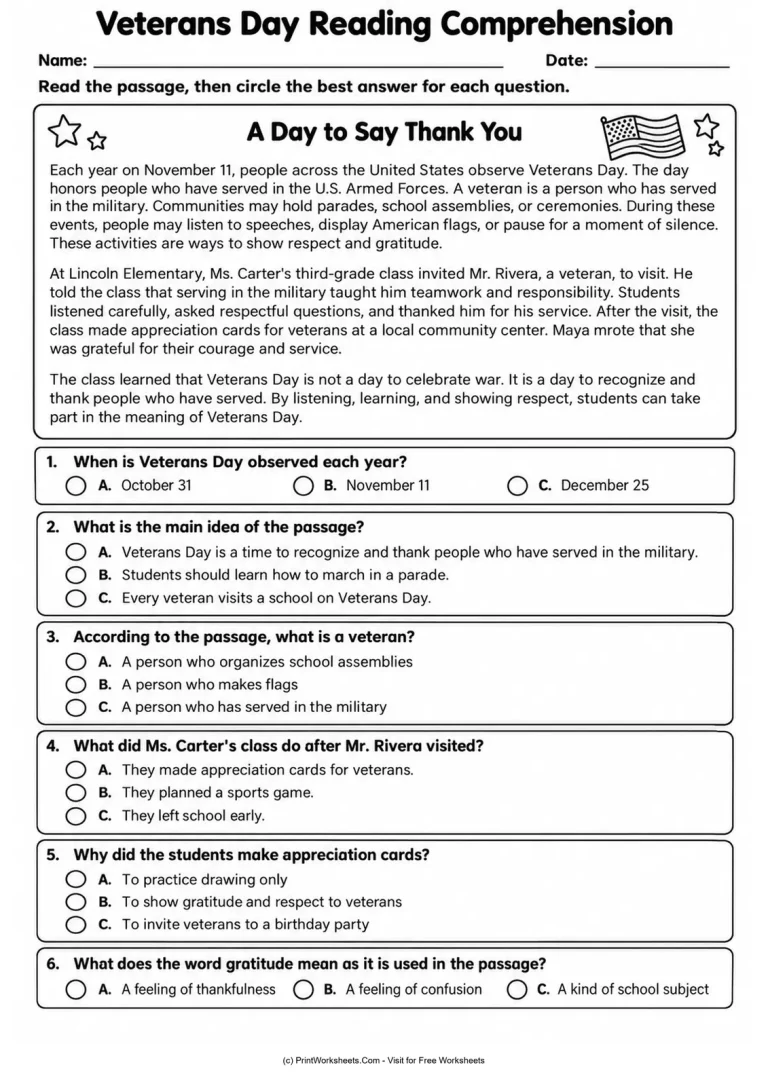 Veterans Day Reading Comprehension Veterans Day Reading Comprehension - Grades 2-3 Veterans Day reading comprehension worksheet