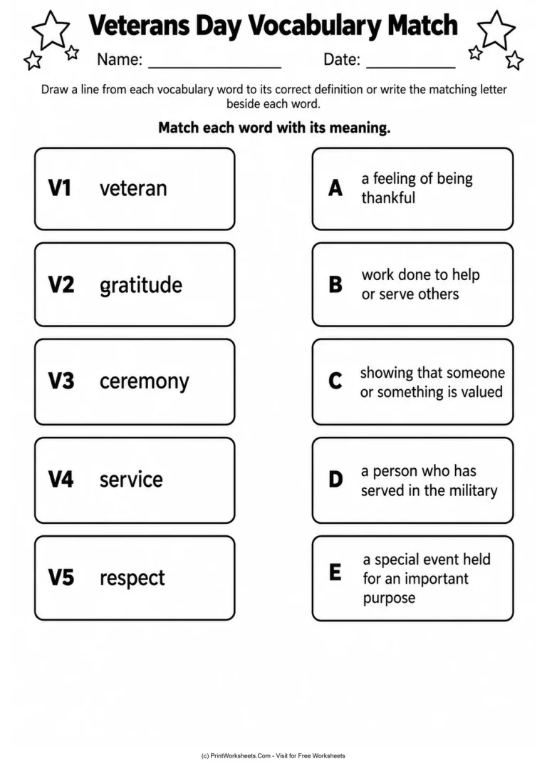 Veterans Day Vocabulary Match Veterans Day Vocabulary Match - Grades 2-3 Veterans Day reading comprehension worksheet