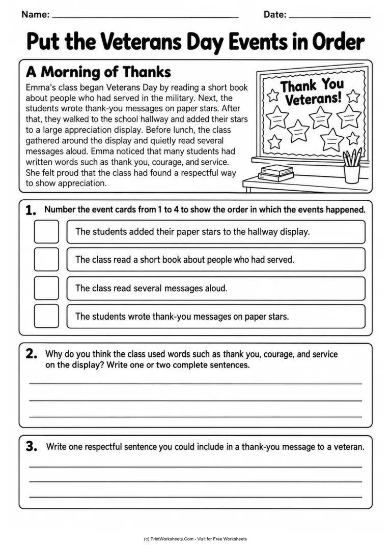 Put the Veterans Day Events in Order Put the Veterans Day Events in Order - Grades 2-3 Veterans Day reading comprehension worksheet