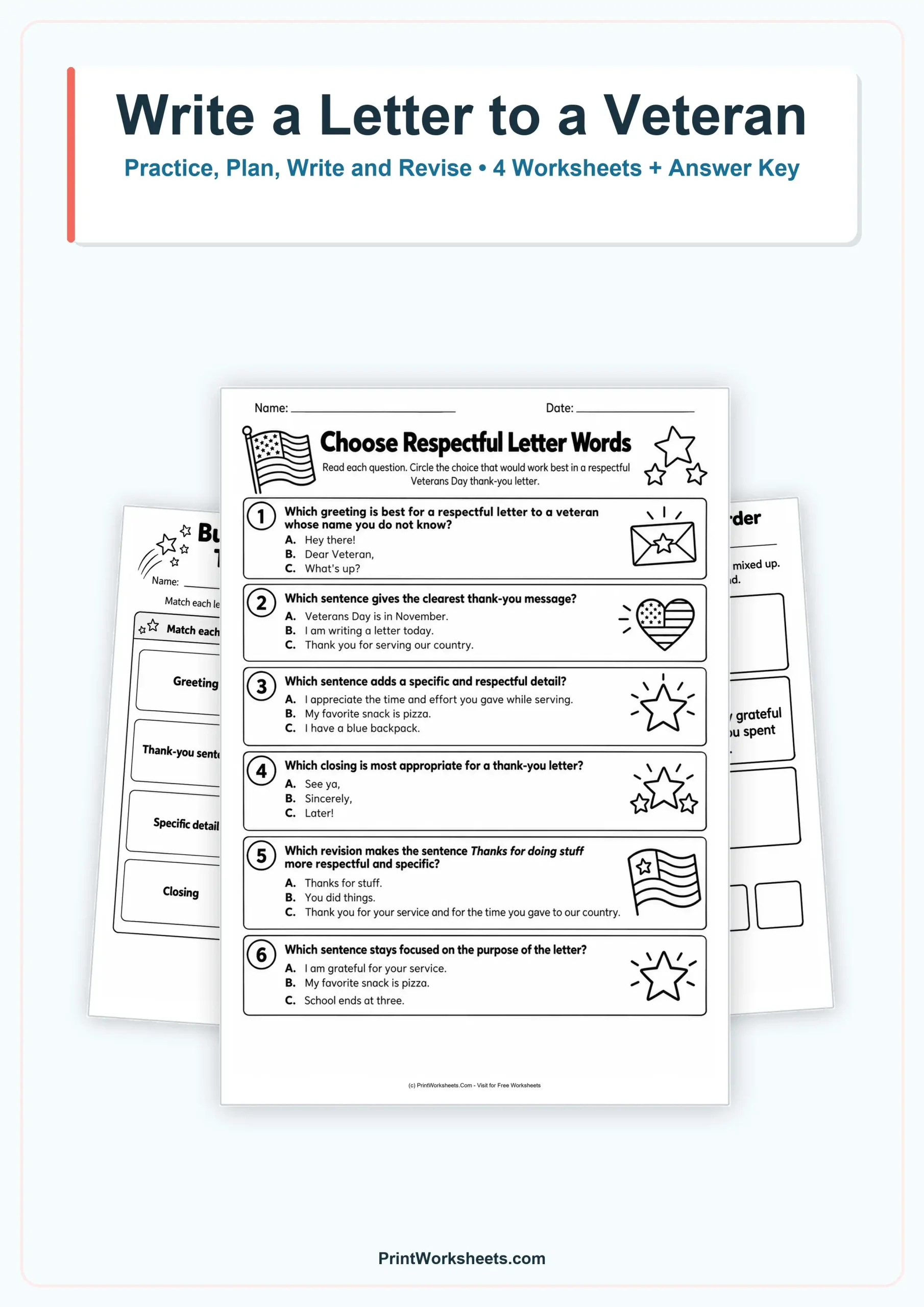 Veterans Day Letter Writing Worksheets for Grades 2–4 – Free Printable PDF - Free Printable Worksheet