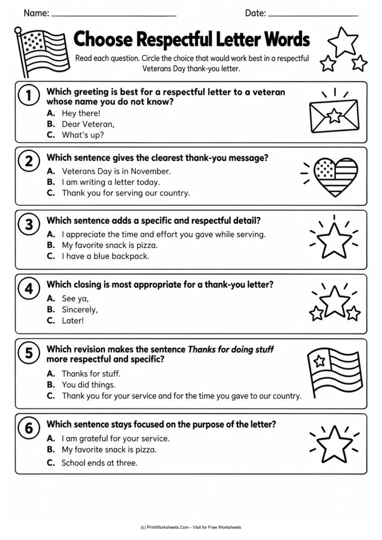 Choose Respectful Letter Words Choose Respectful Letter Words - Grades 2-4 Veterans Day letter writing worksheet