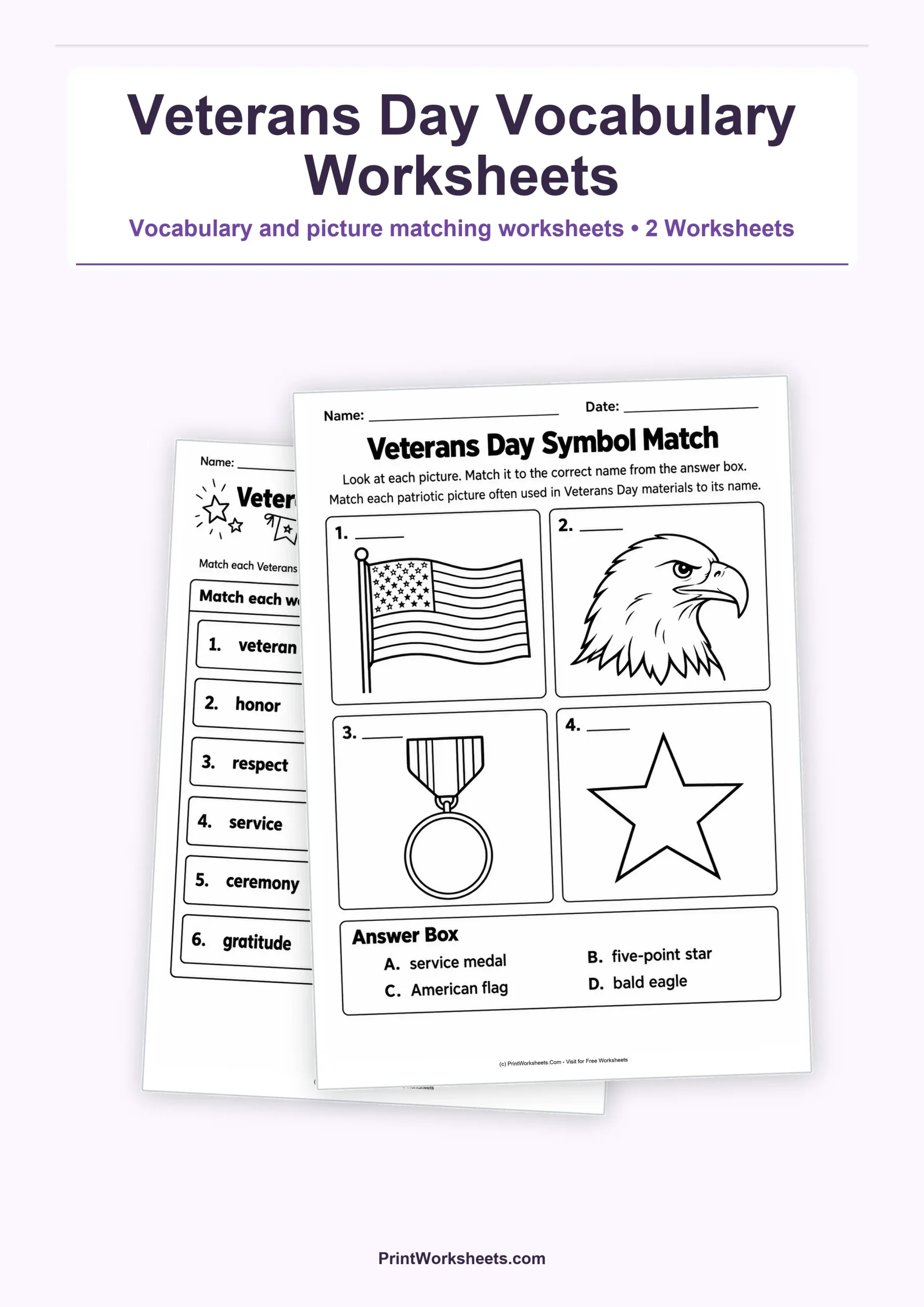 Veterans Day Vocabulary and Symbols Worksheets for Grades 2–3 – Free Printable PDF - Free Printable Worksheet