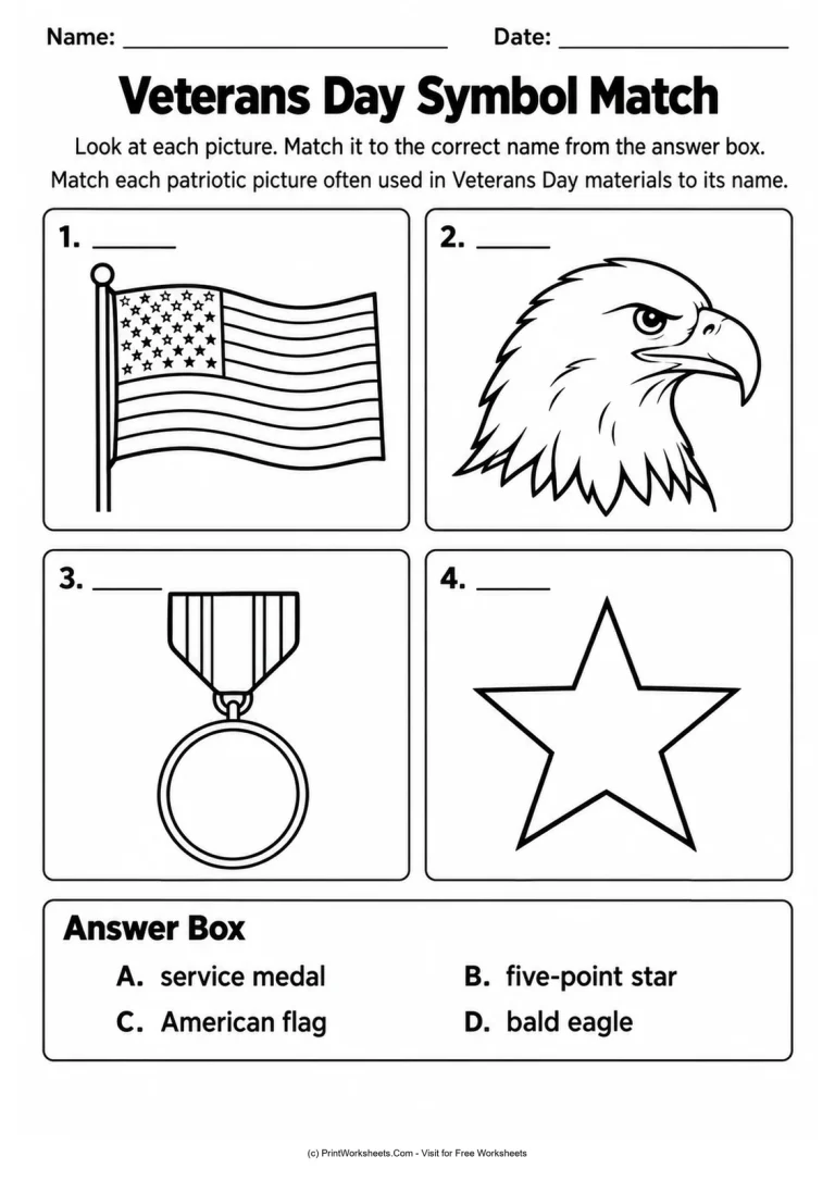 Veterans Day Symbol Match - Grades 2-3 Veterans Day vocabulary worksheet