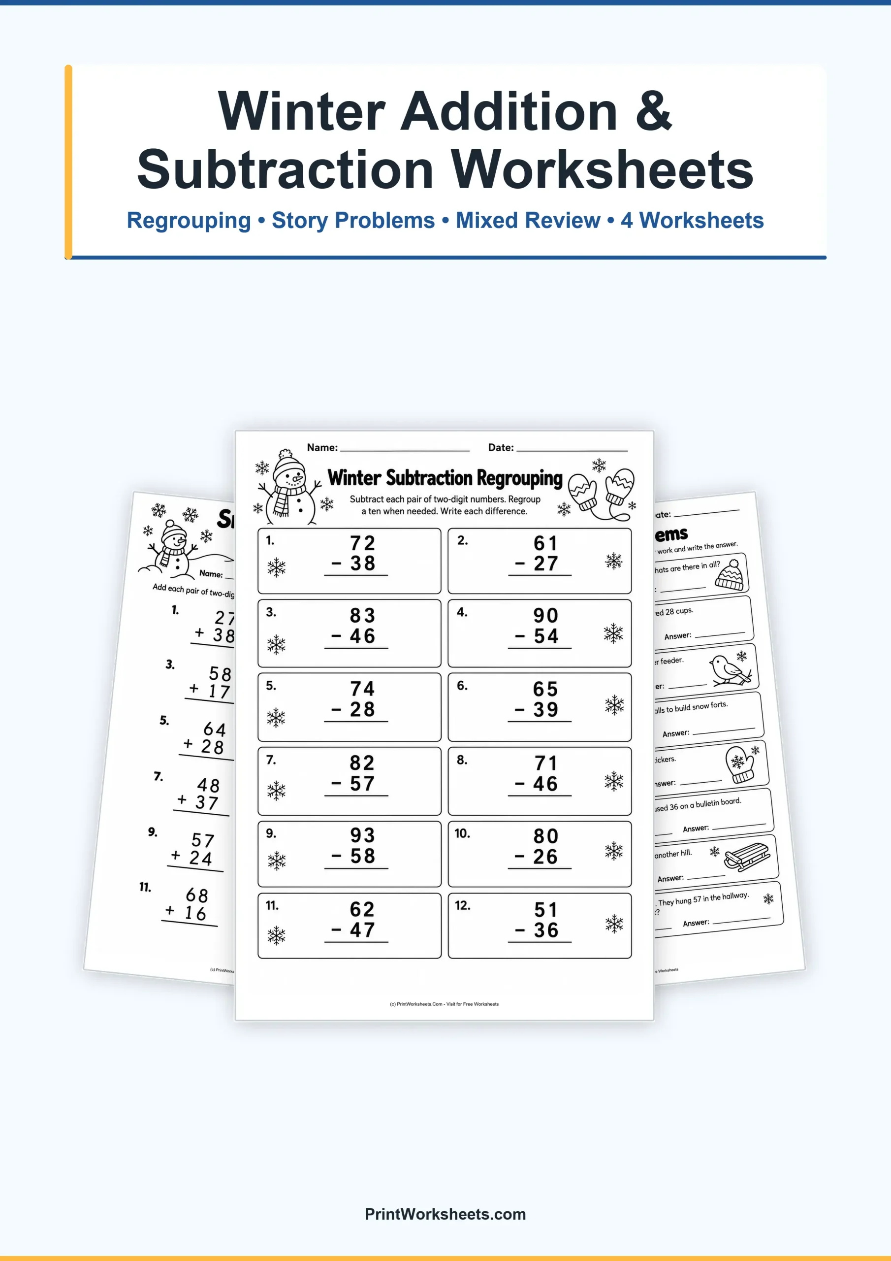 Winter Worksheets Worksheet - Winter 2-Digit Addition and Subtraction Worksheets – Free PDF | Free Printable