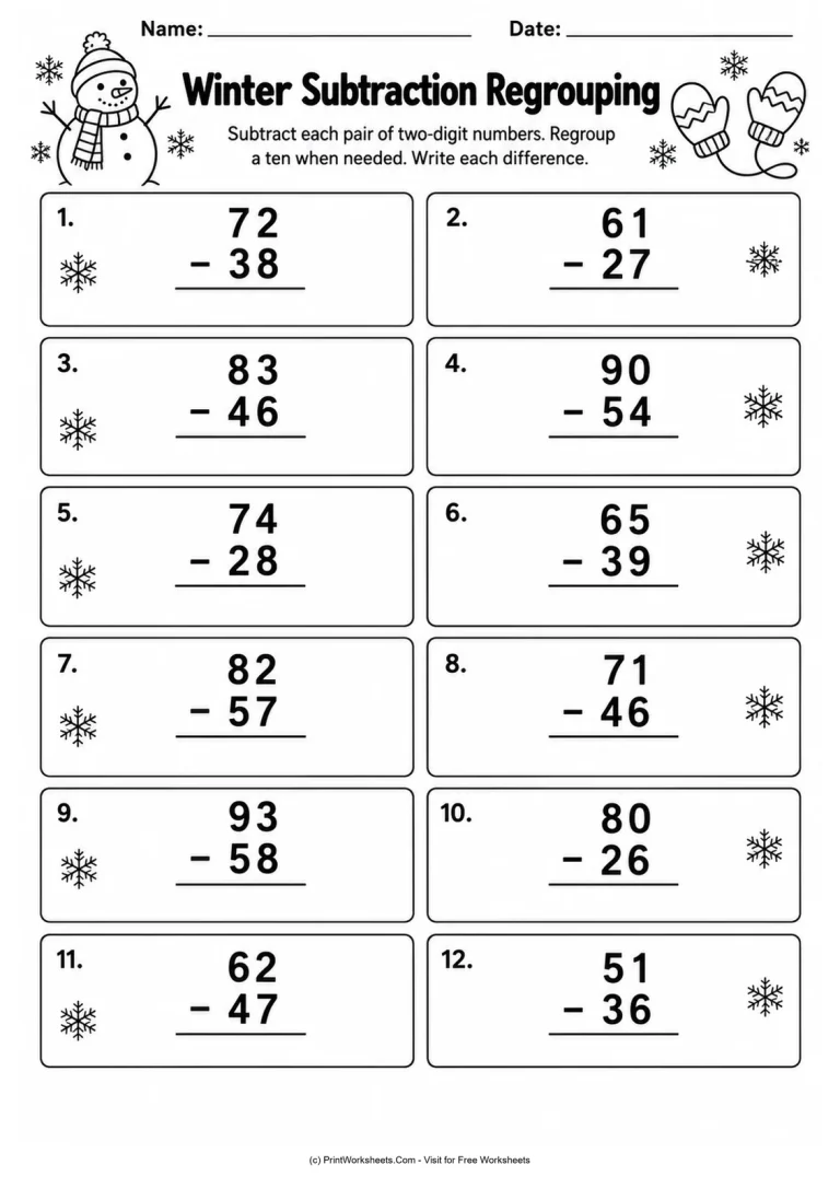 Winter Subtraction Regrouping Winter Subtraction Regrouping printable worksheet