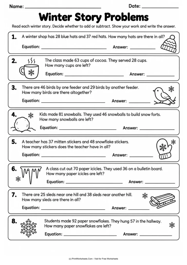 Winter Story Problems Winter Story Problems printable worksheet