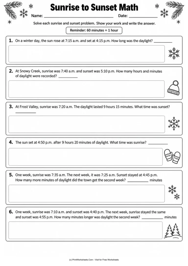 Sunrise to Sunset Math - Grades 3-4 winter daylight worksheet
