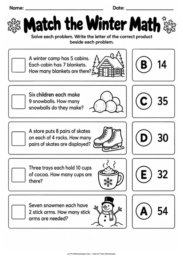 Match the Winter Math Match the Winter Math printable worksheet