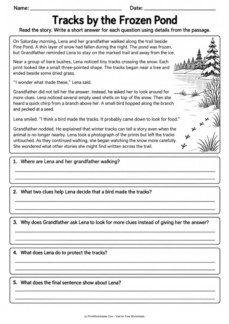 Tracks by the Frozen Pond Tracks by the Frozen Pond printable worksheet