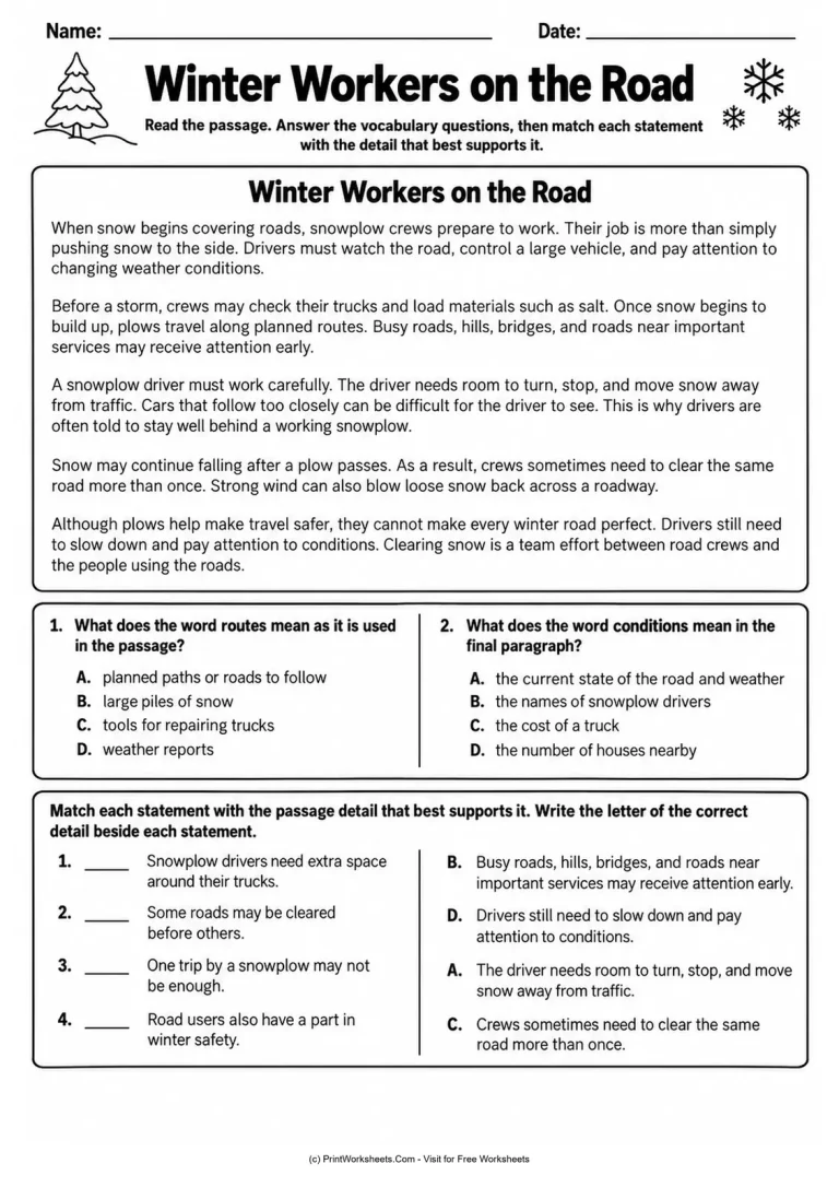 Winter Workers on the Road Winter Workers on the Road printable worksheet