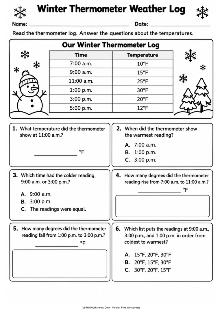 Winter Thermometer Weather Log - Grade 2 thermometer reading worksheet