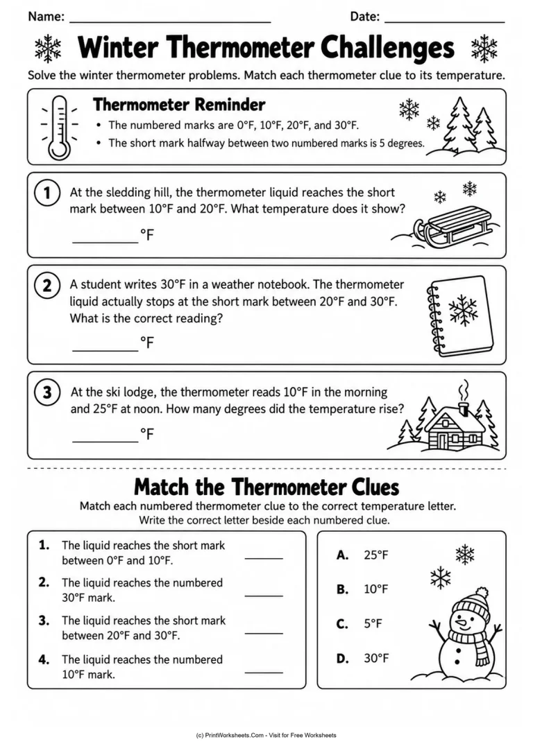 Winter Thermometer Challenges - Grade 2 thermometer reading worksheet